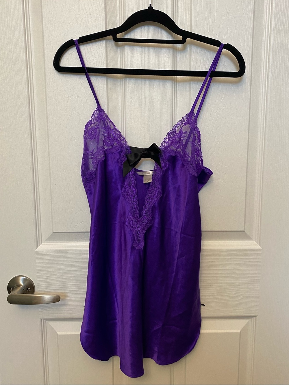 Purple Lace-Trim Satin Slip with Bow